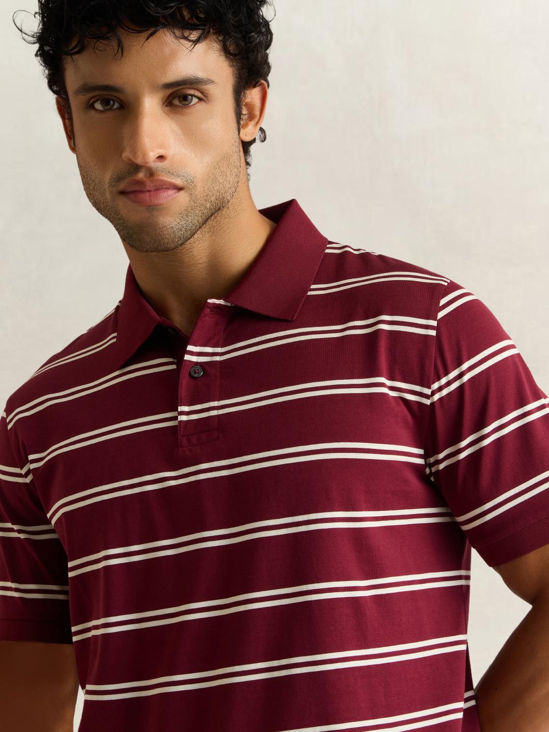 Gant Men Wine Striped Regular Fit Cotton Polo T-Shirt