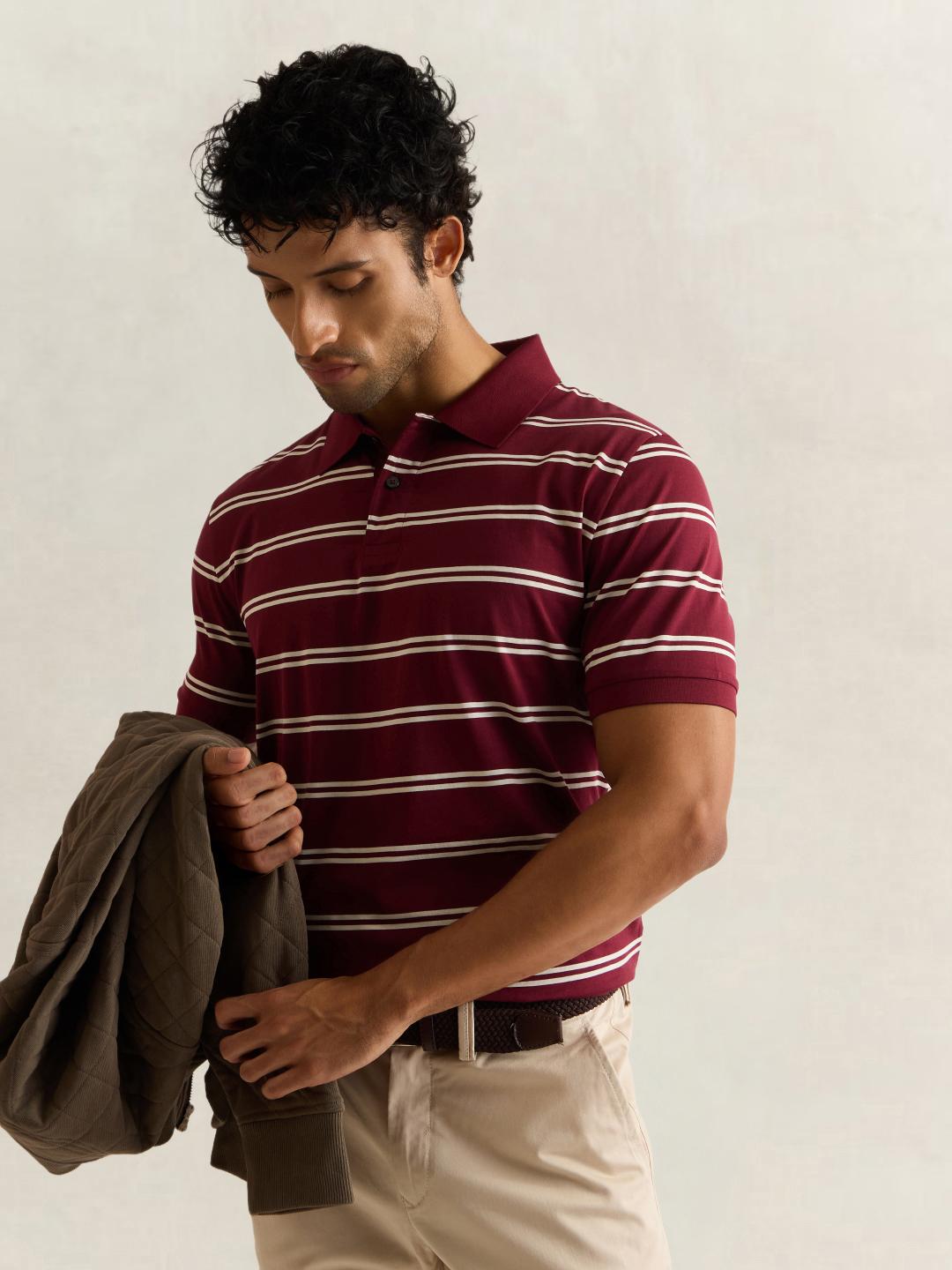 Gant Men Wine Striped Regular Fit Cotton Polo T-Shirt