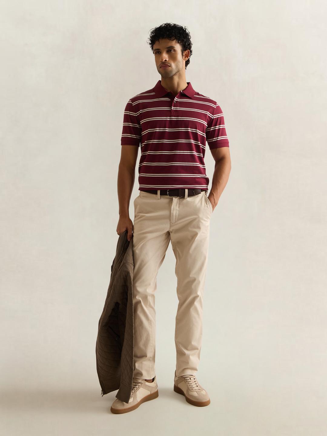 Gant Men Wine Striped Regular Fit Cotton Polo T-Shirt