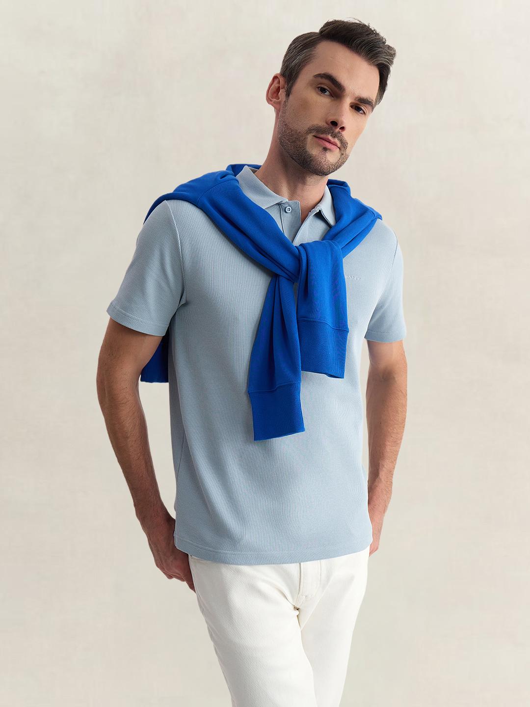 Gant Men Blue Regular Fit Solid Cotton Blend Polo Tshirt