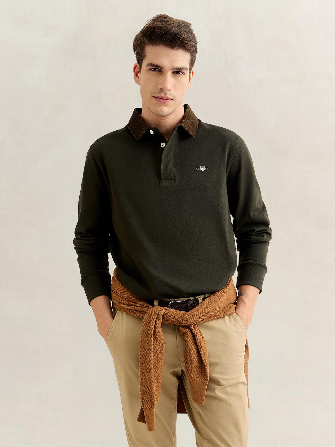 Gant Men Green Regular Fit Solid Corduroy Polo T-Shirt