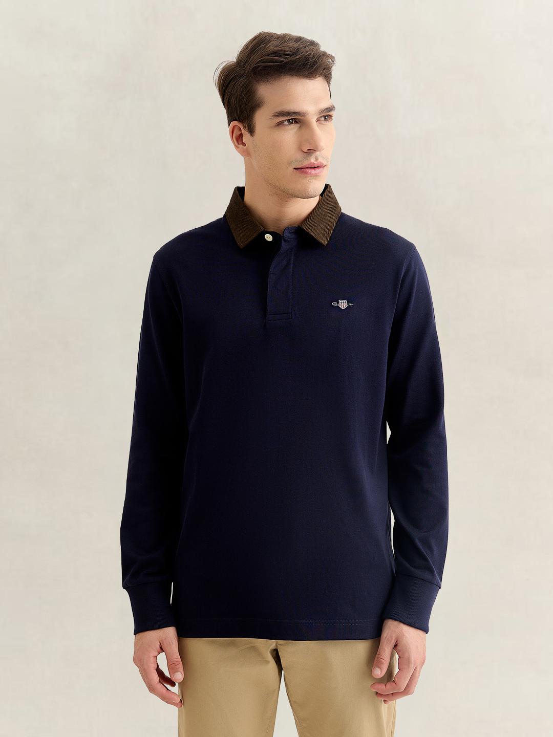Gant Men Dark Blue Regular Fit Solid Corduroy Polo T-Shirt