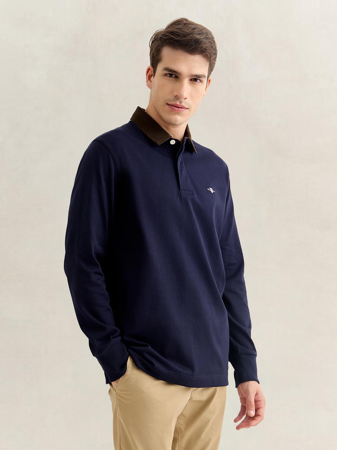 Gant Men Dark Blue Regular Fit Solid Corduroy Polo T-Shirt