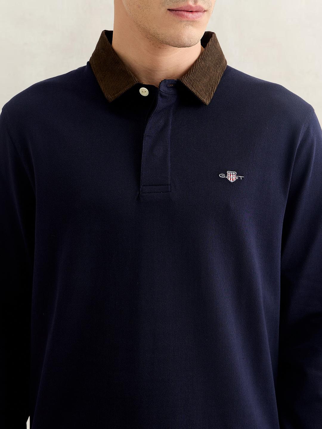 Gant Men Dark Blue Regular Fit Solid Corduroy Polo T-Shirt