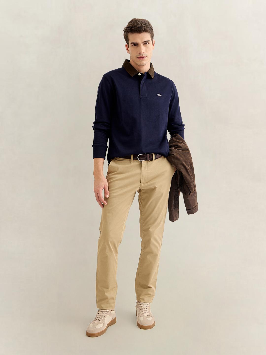 Gant Men Dark Blue Regular Fit Solid Corduroy Polo T-Shirt