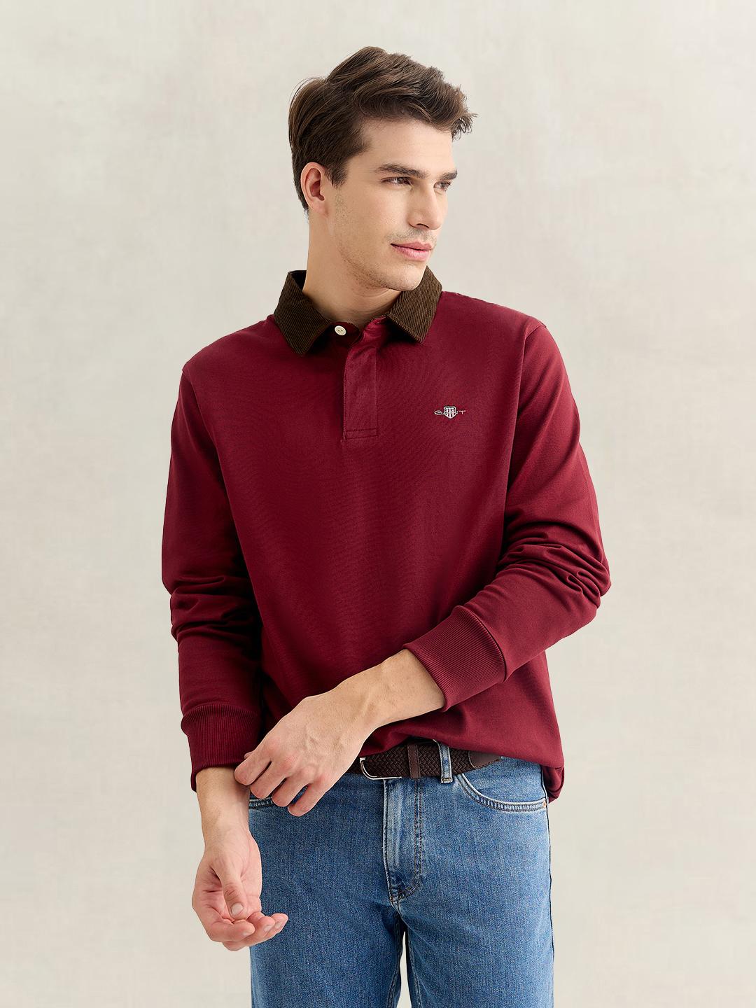Gant Men Red Regular Fit Solid Corduroy Polo T-Shirt