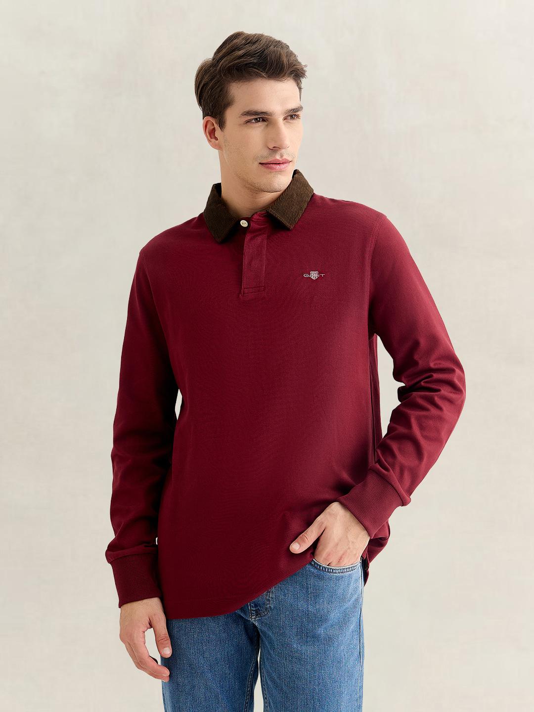 Gant Men Red Regular Fit Solid Corduroy Polo T-Shirt