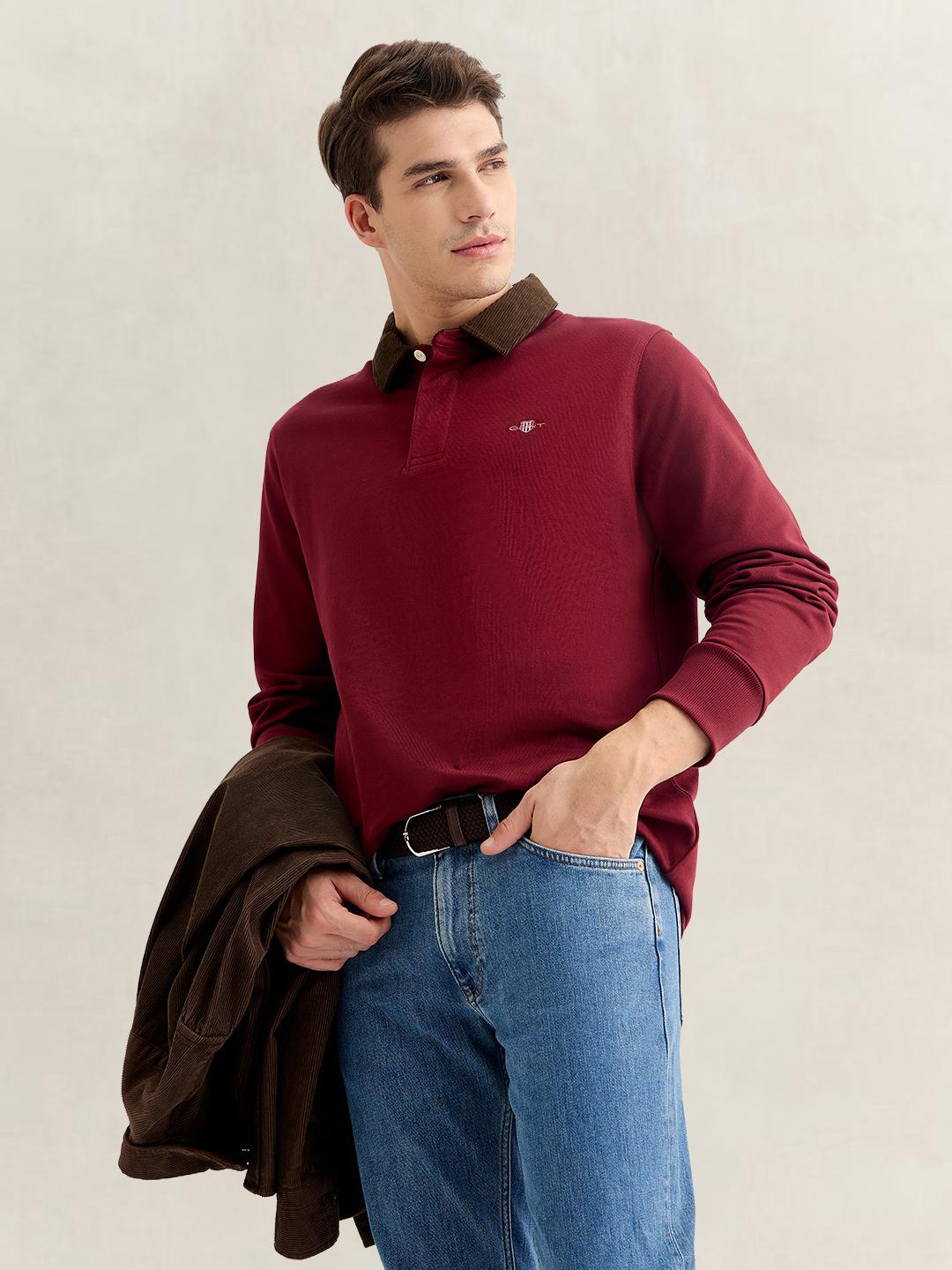 Gant Men Red Regular Fit Solid Corduroy Polo T-Shirt