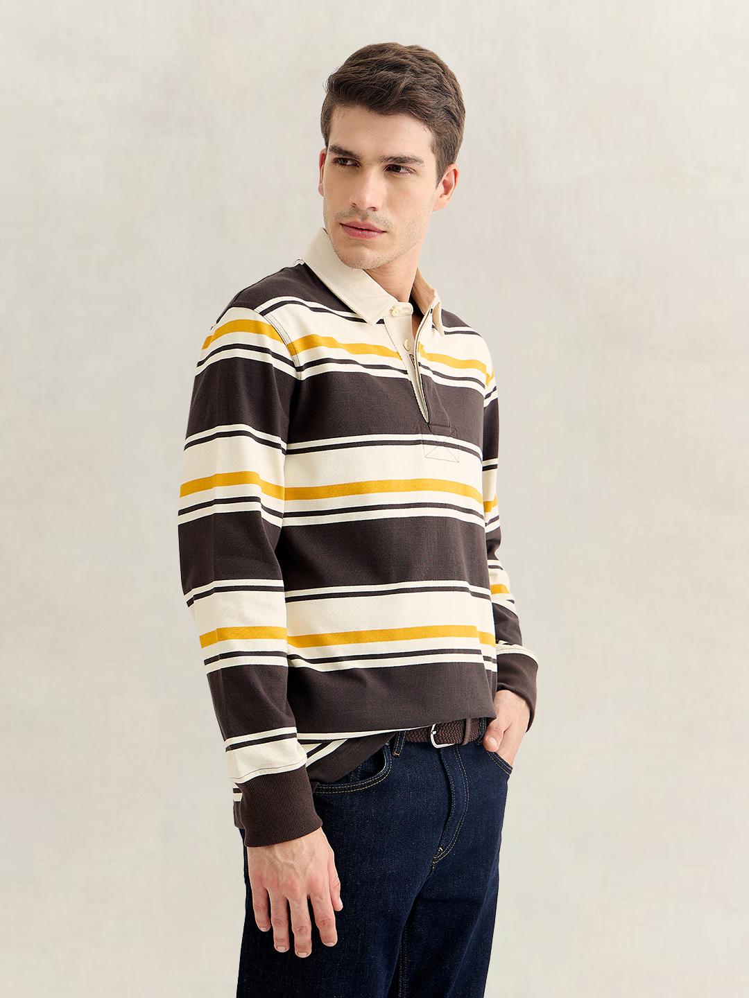 Gant Men Brown Regular Fit Striped Cotton Polo T-Shirt