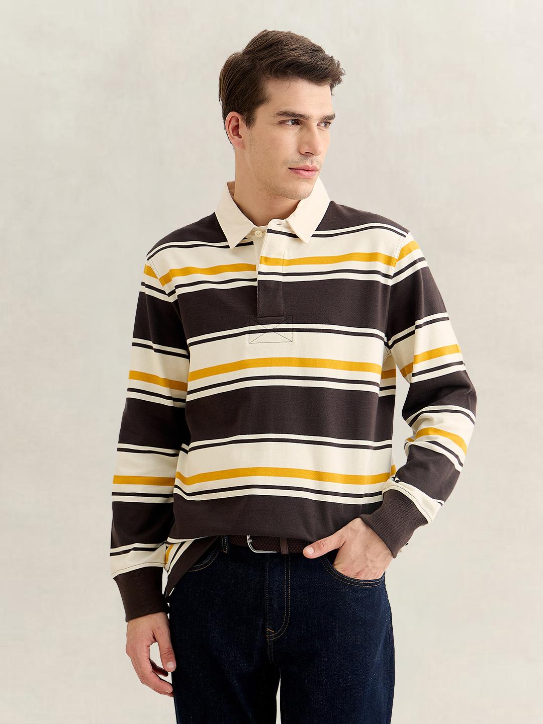 Gant Men Brown Regular Fit Striped Cotton Polo T-Shirt