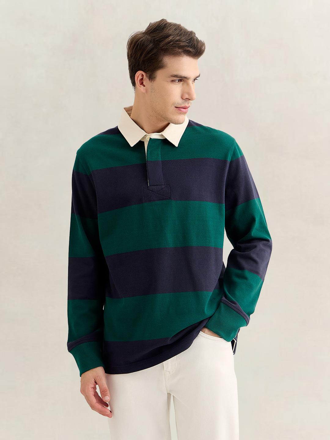 Gant Men Green Regular Fit Striped Cotton Polo T-Shirt