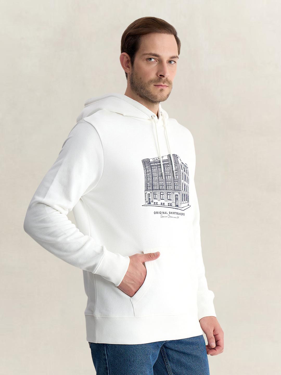 Gant Men White Regular Fit Graphic Organic Cotton Hoodie