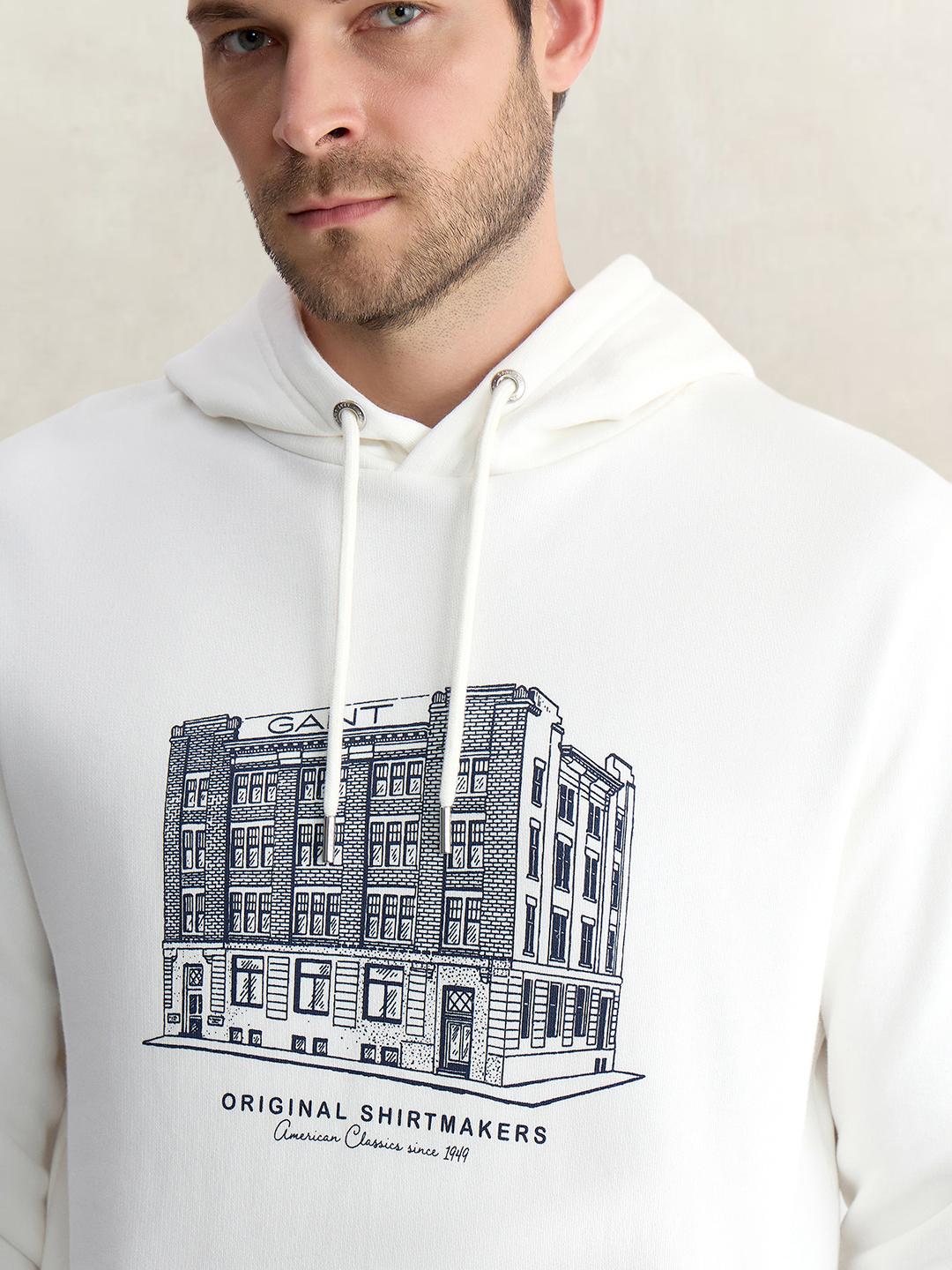 Gant Men White Regular Fit Graphic Organic Cotton Hoodie
