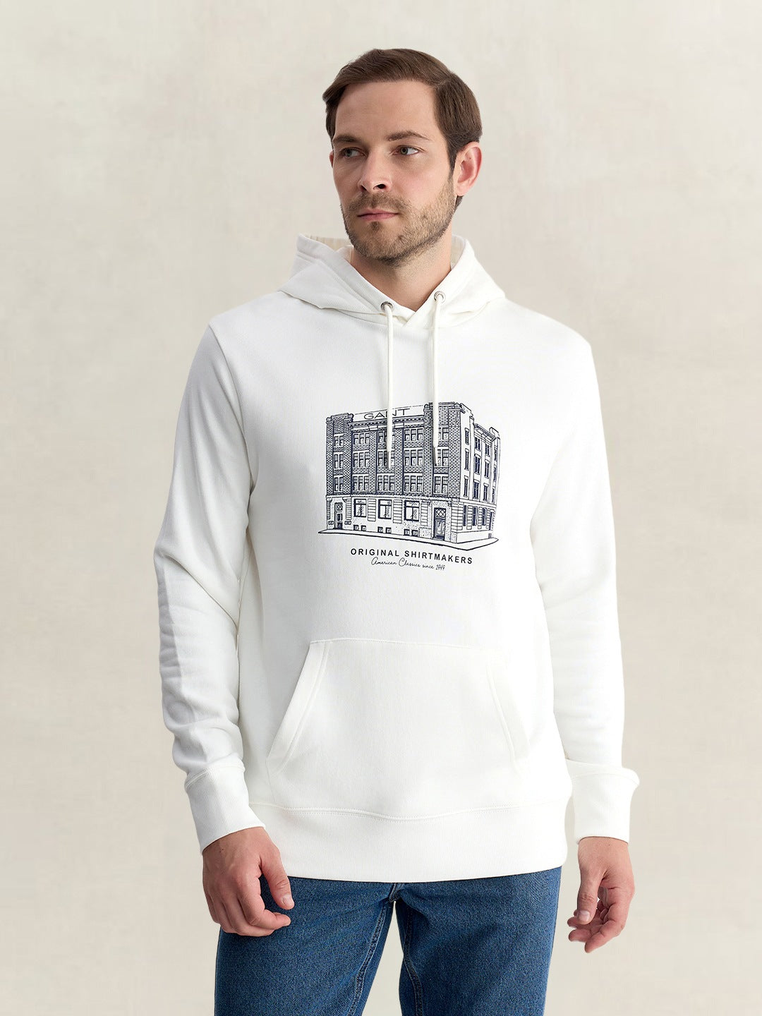 Gant Men White Regular Fit Graphic Organic Cotton Hoodie