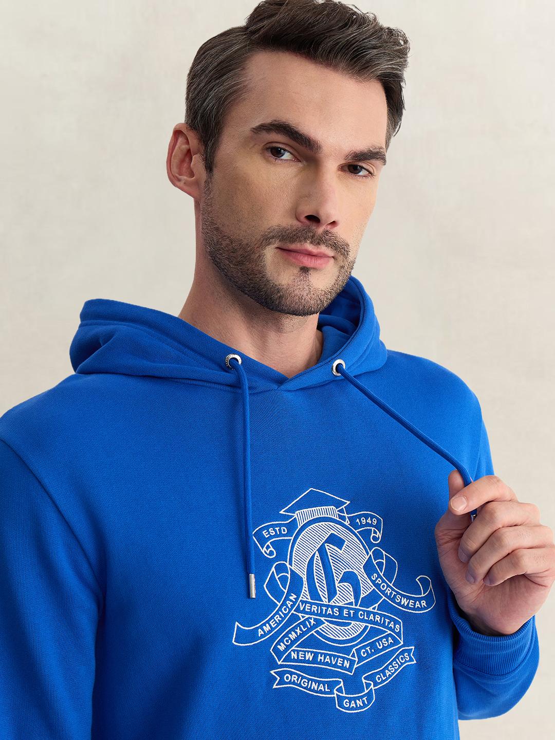 Gant Men Blue Regular Fit Graphic Organic Cotton Hoodie