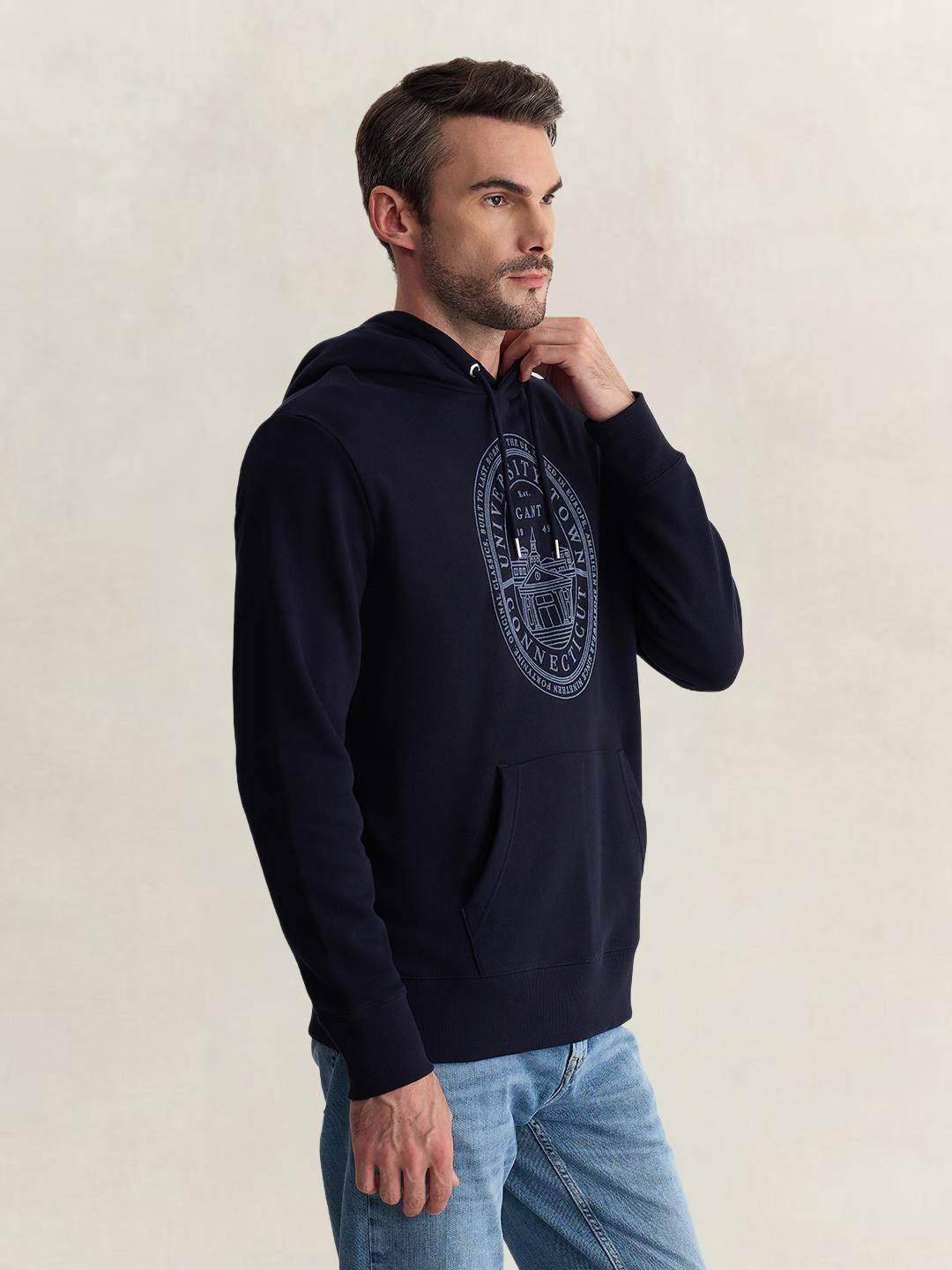 Gant Men Blue Regular Fit Graphic Organic Cotton Hoodie