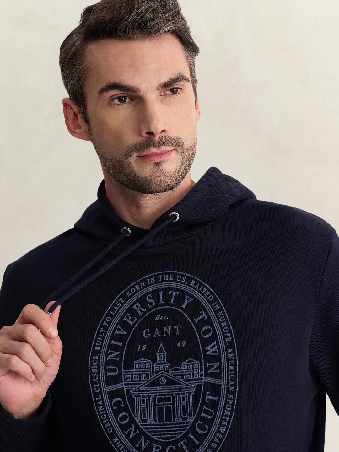 Gant Men Blue Regular Fit Graphic Organic Cotton Hoodie