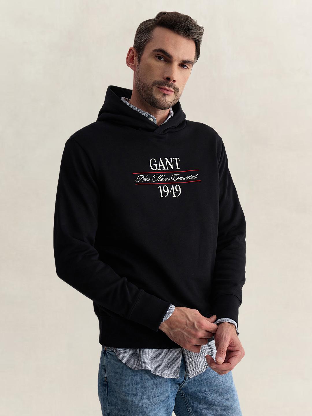 Gant Men Black Regular Fit Graphic Cotton Blend Hoodie
