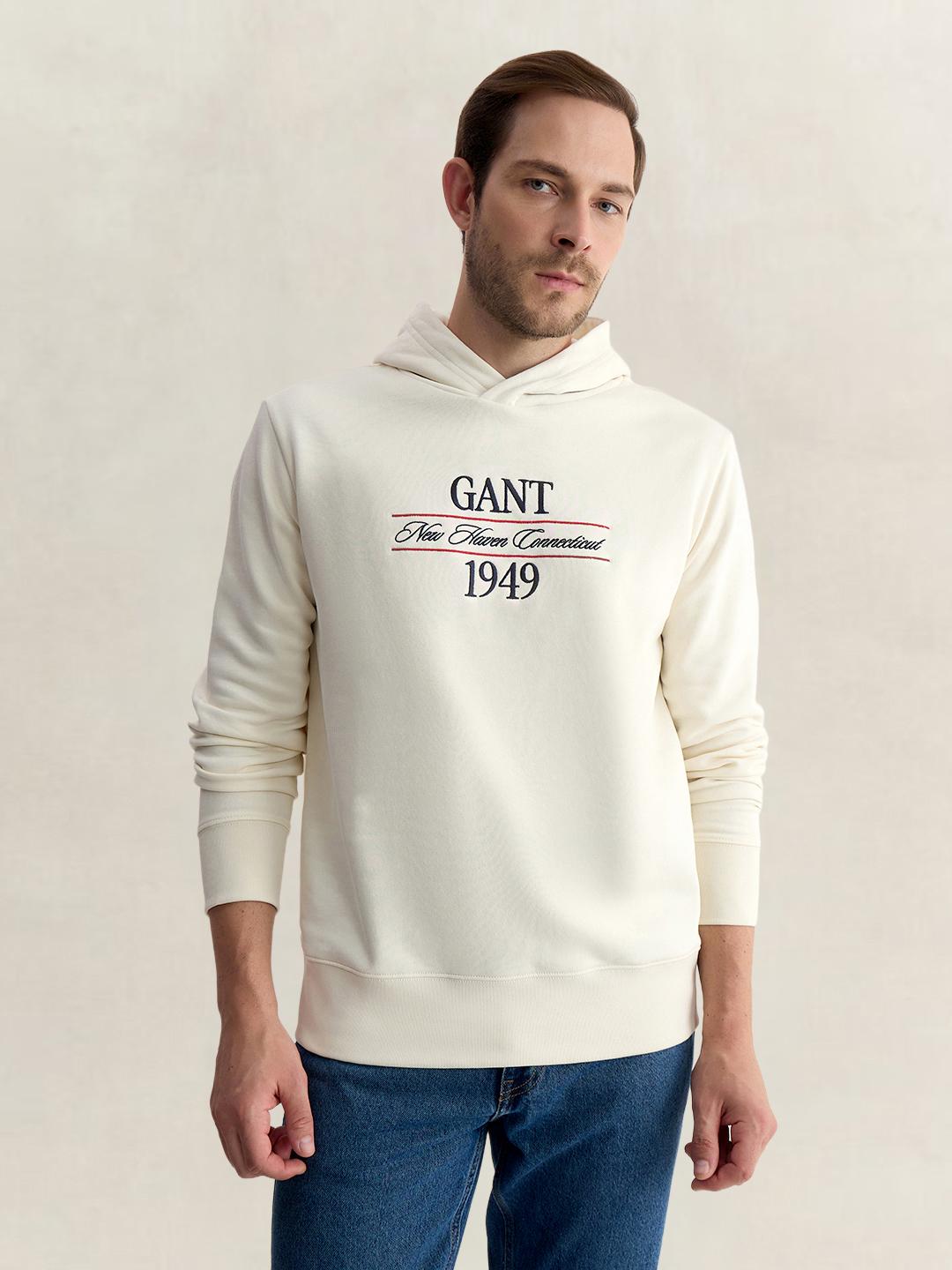Gant Men Cream Regular Fit Graphic Cotton Blend Hoodie