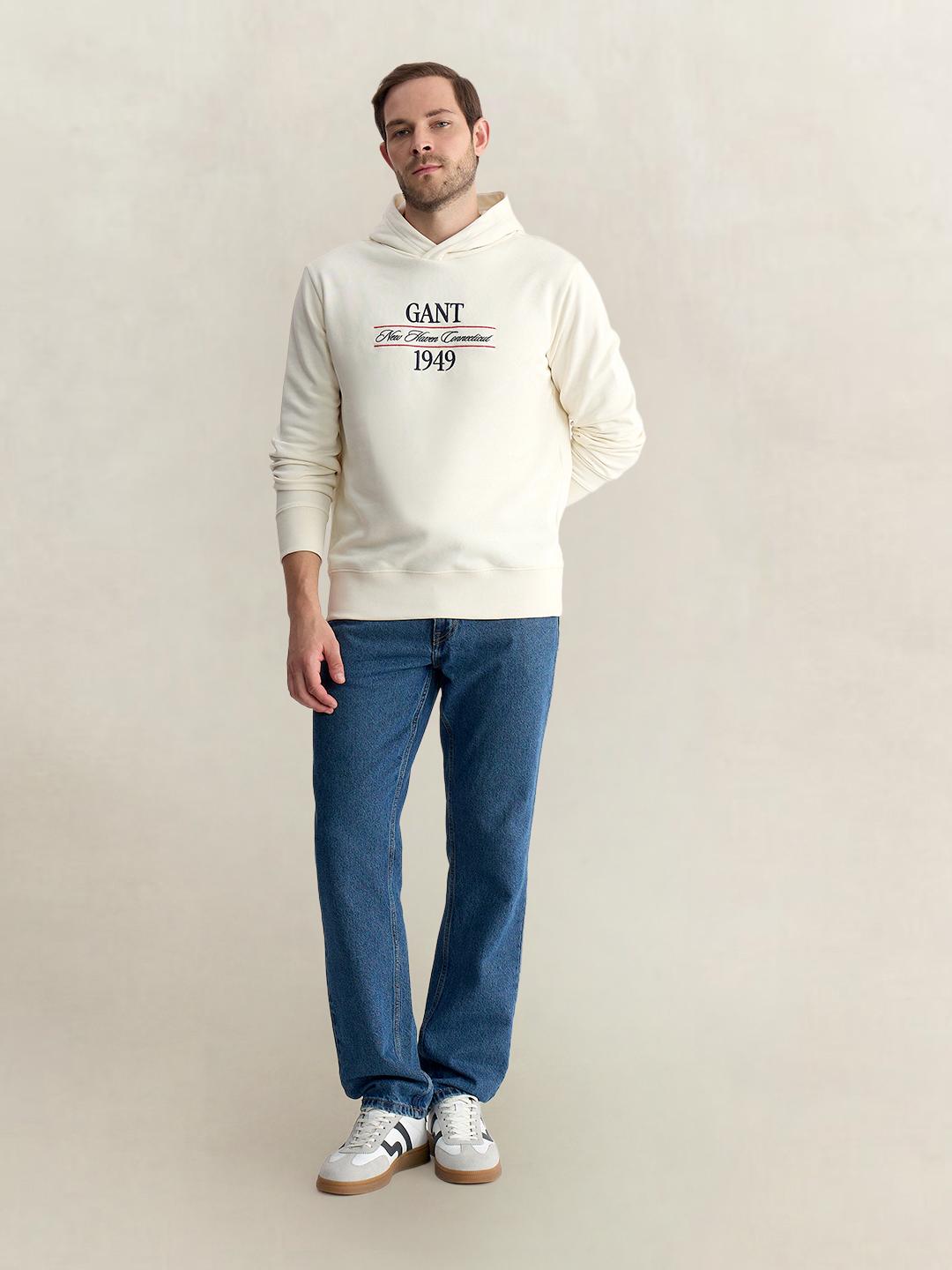 Gant Men Cream Regular Fit Graphic Cotton Blend Hoodie