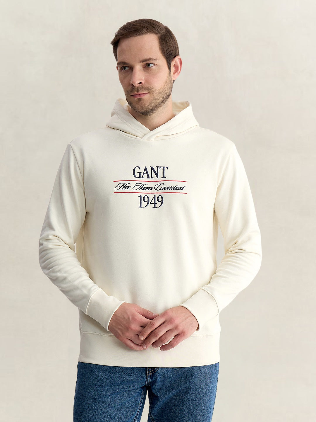Gant Men Cream Regular Fit Graphic Cotton Blend Hoodie