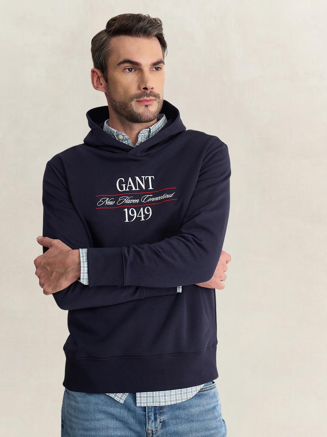 Gant Men Blue Regular Fit Graphic Cotton Blend Hoodie