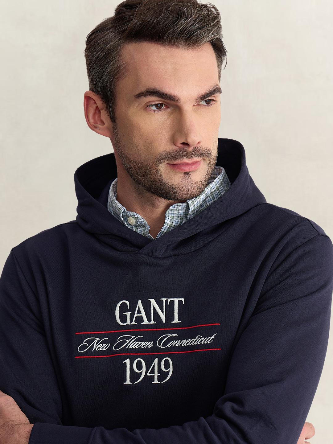 Gant Men Blue Regular Fit Graphic Cotton Blend Hoodie