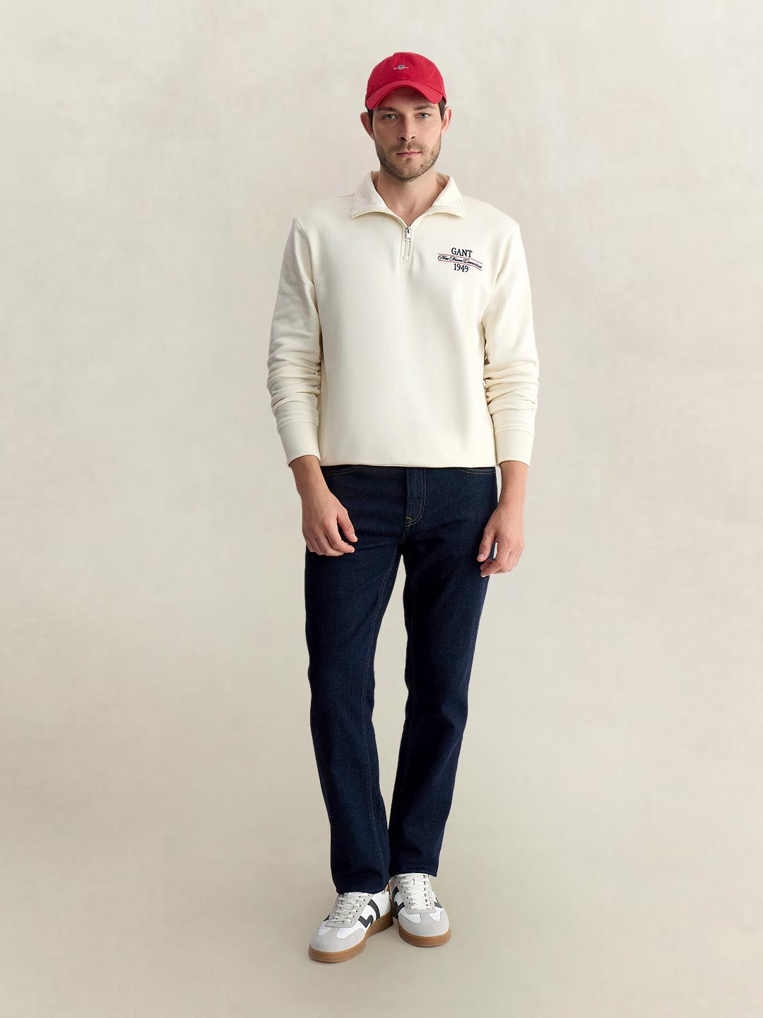Gant Men Off White Regular Fit Solid Cotton Blend Sweatshirt