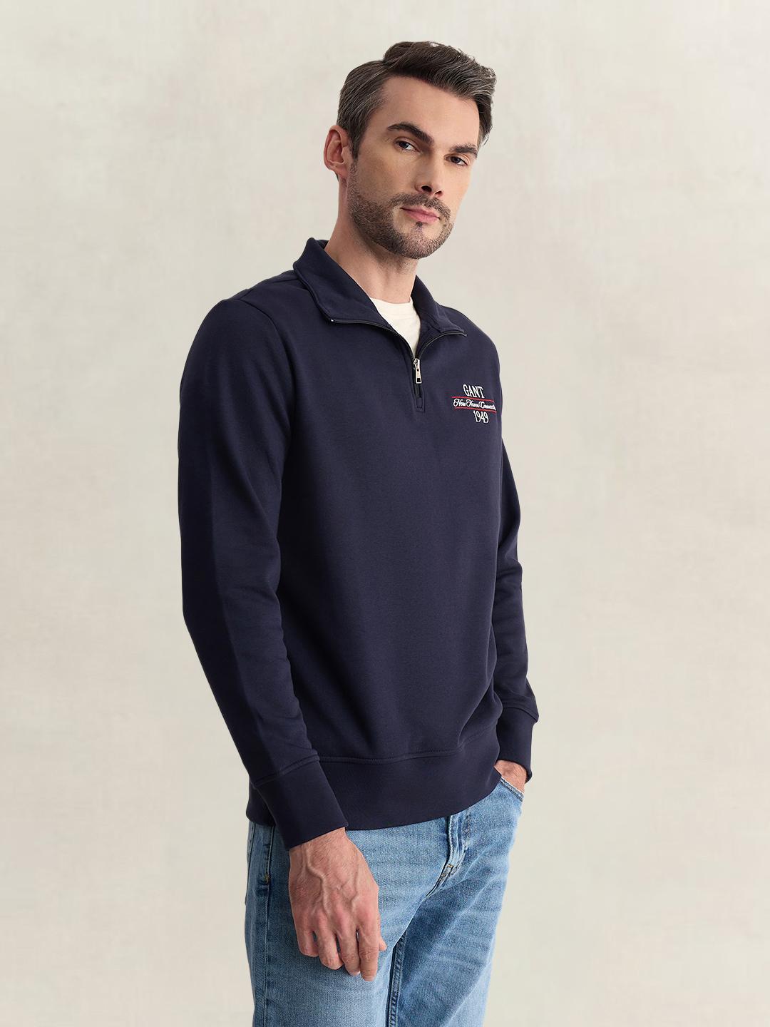 Gant Men Blue Regular Fit Solid Cotton Blend Sweatshirt