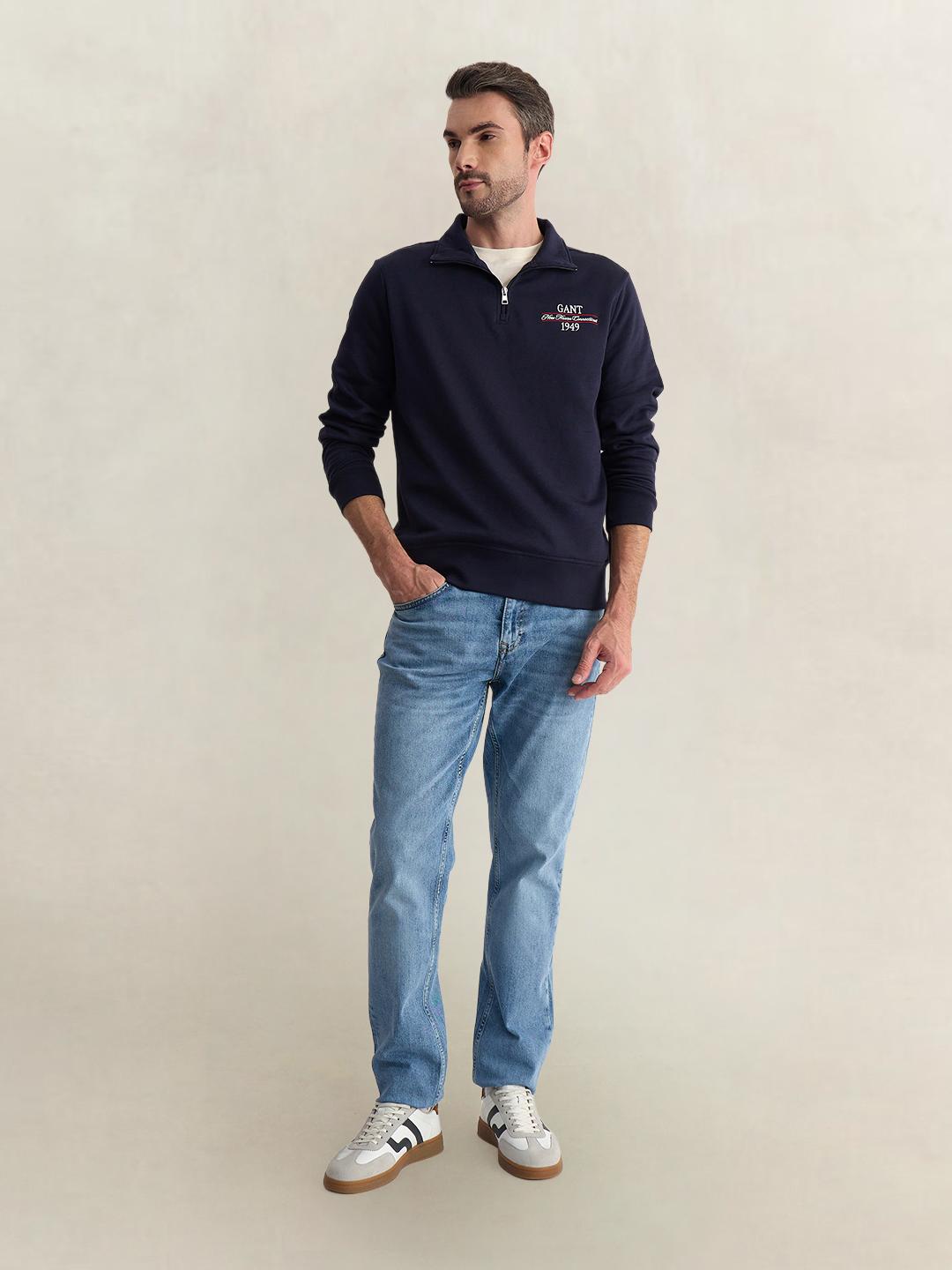 Gant Men Blue Regular Fit Solid Cotton Blend Sweatshirt