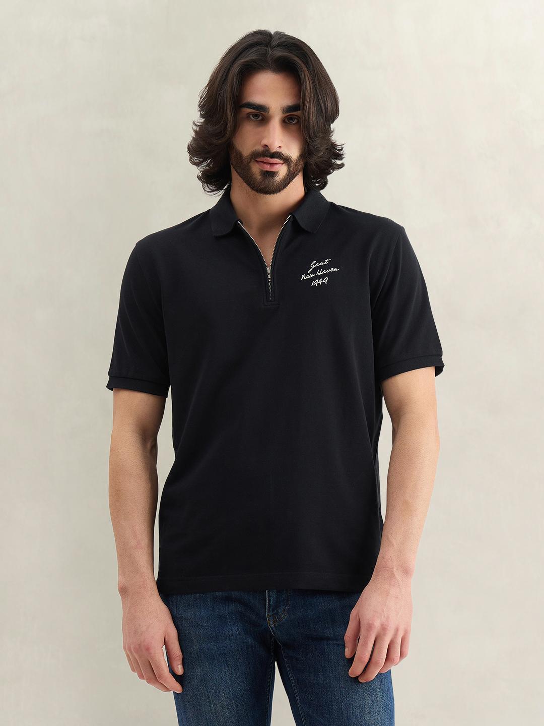 Gant Men Black Solid Regular Fit Cotton Polo T-Shirt