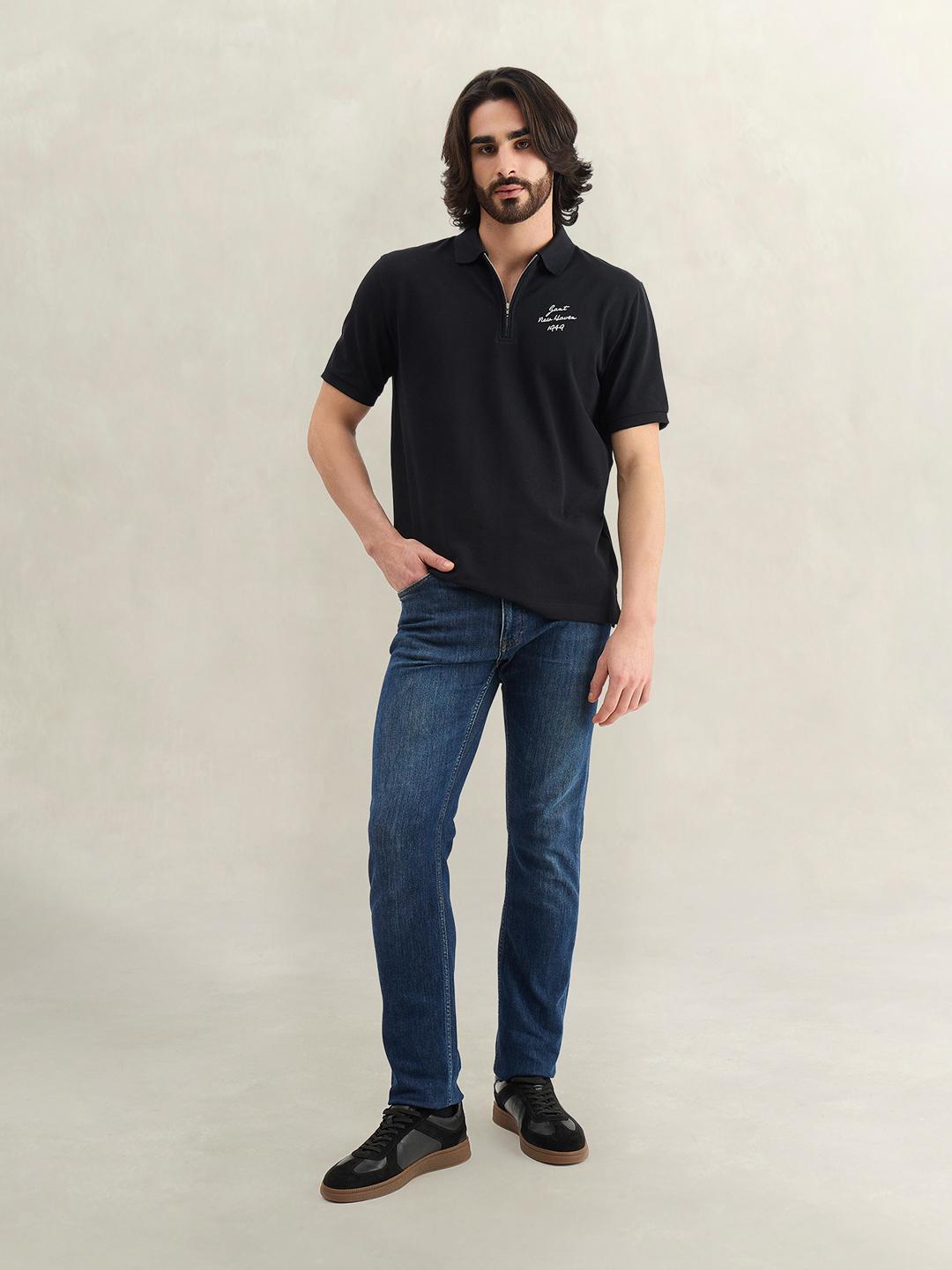 Gant Men Black Solid Regular Fit Cotton Polo T-Shirt