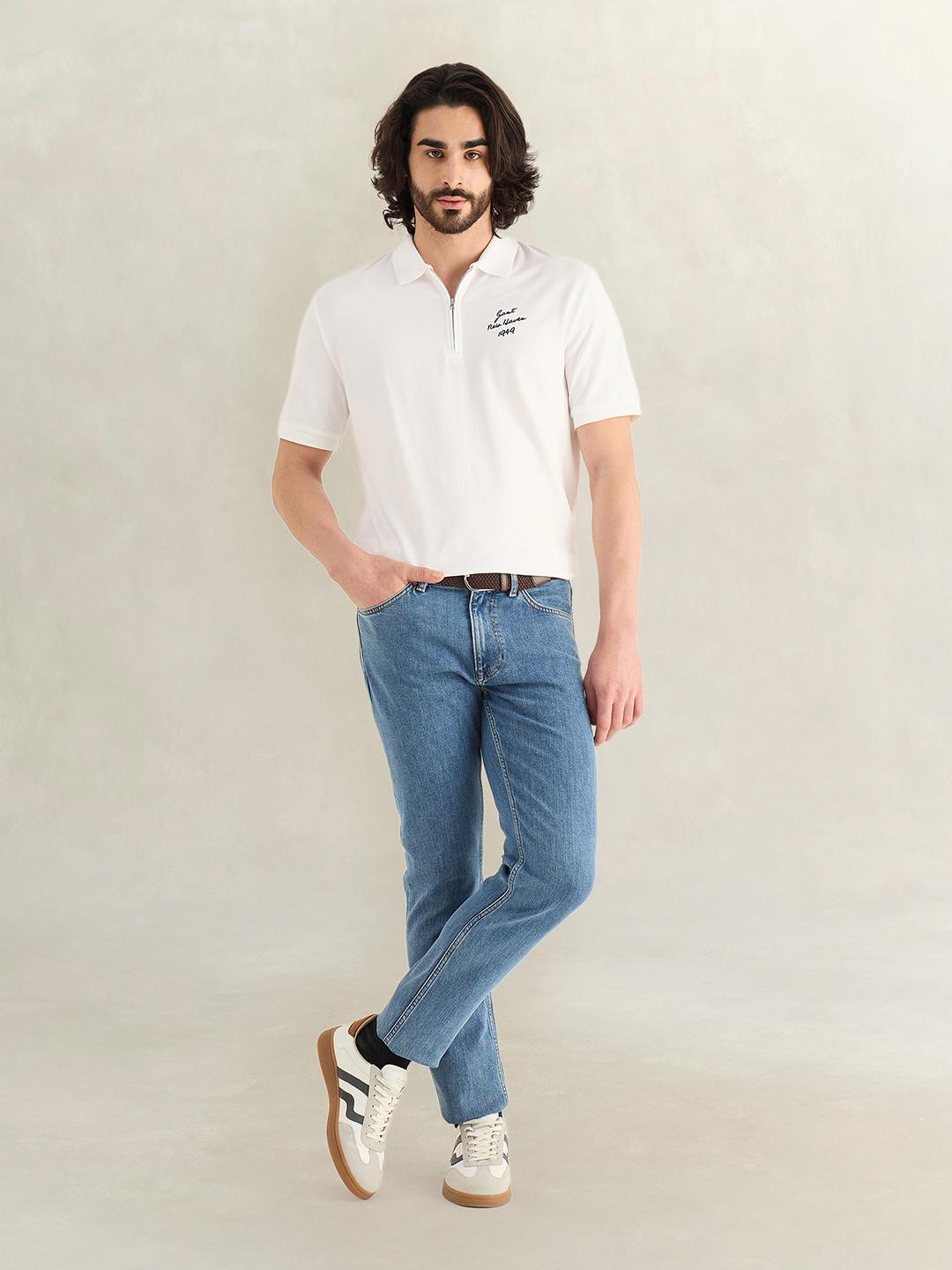 Gant Men White Solid Regular Fit Cotton Polo T-Shirt