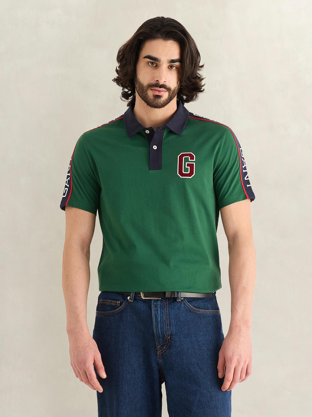 Gant Men Green Graphic Regular Fit Cotton Polo T-Shirt