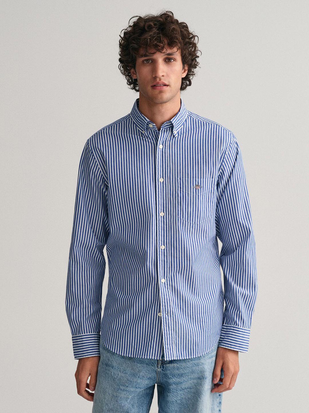 Gant Men Blue Striped Regular Fit Classic Poplin Shirt
