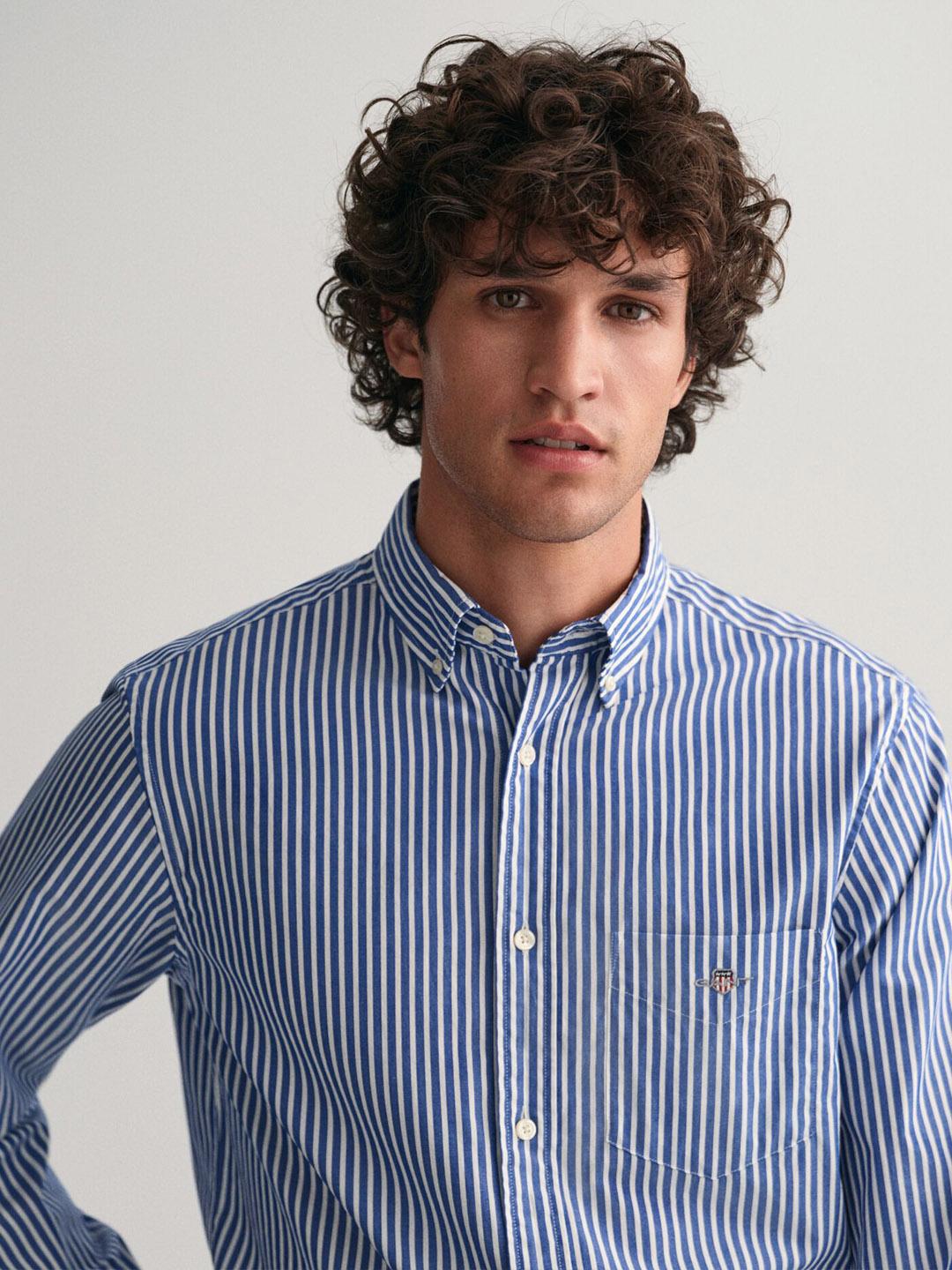 Gant Men Blue Striped Regular Fit Classic Poplin Shirt