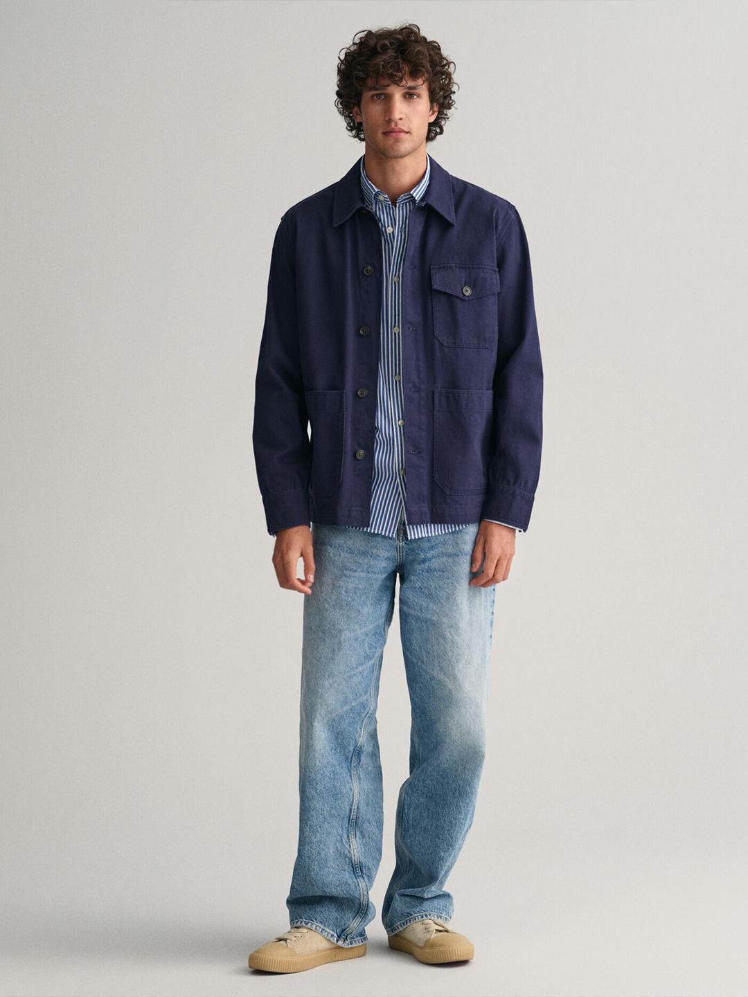 Gant Men Blue Striped Regular Fit Classic Poplin Shirt