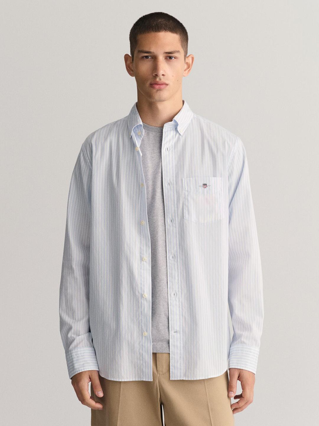 Gant Men Blue Striped Regular Fit Classic Poplin Shirt