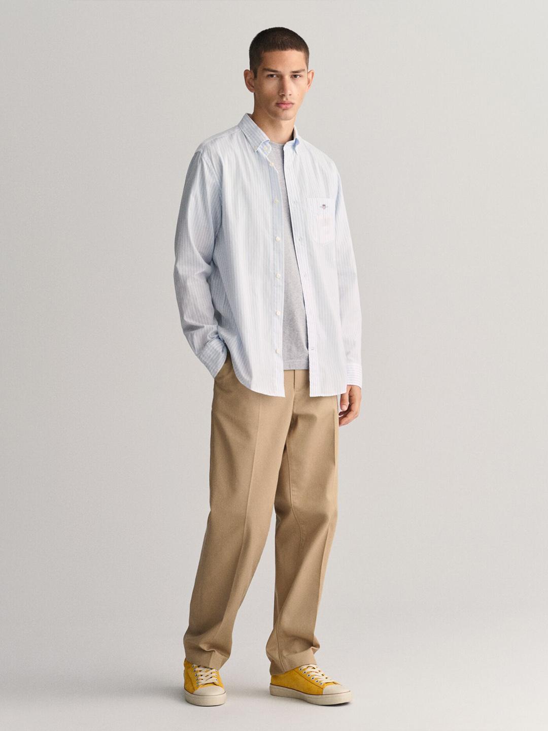 Gant Men Blue Striped Regular Fit Classic Poplin Shirt
