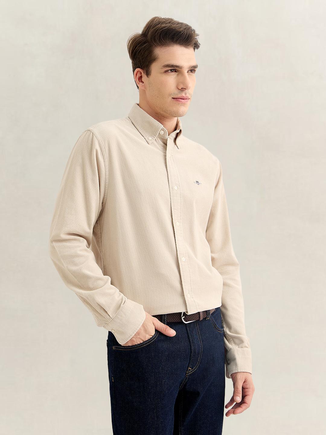 Gant Men Beige Regular Fit Solid Corduroy Shirt