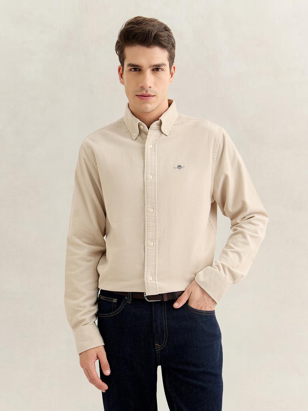 Gant Men Beige Regular Fit Solid Corduroy Shirt