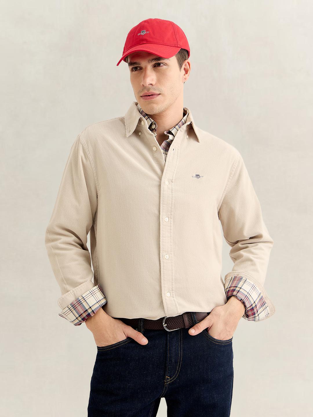 Gant Men Beige Regular Fit Solid Corduroy Shirt