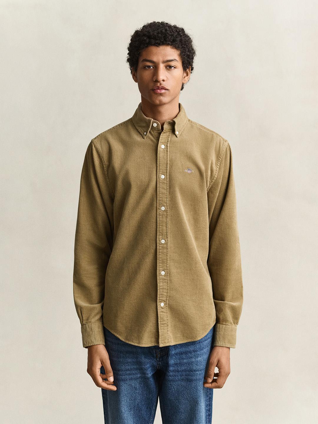 Gant Men Khaki Regular Fit Solid Corduroy Shirt