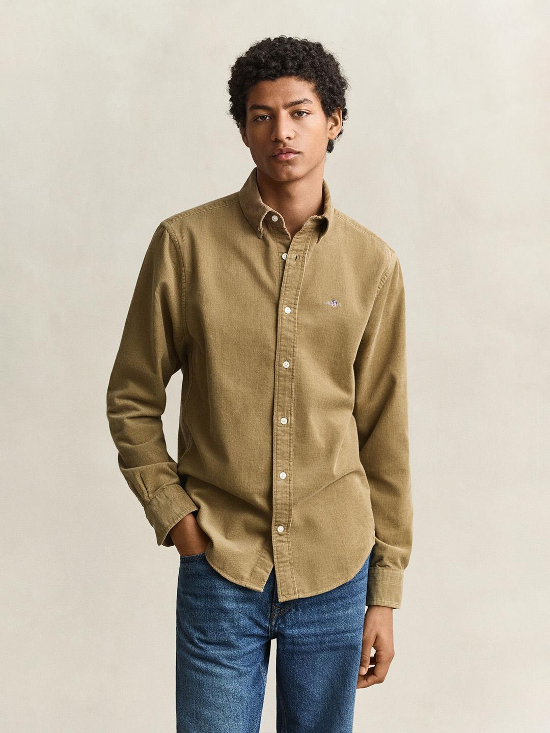 Gant Men Khaki Regular Fit Solid Corduroy Shirt