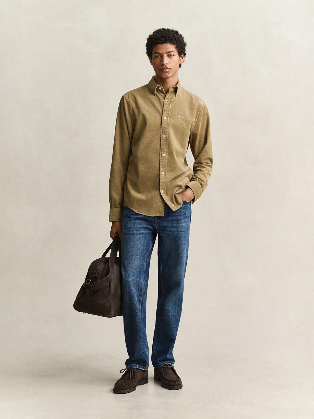 Gant Men Khaki Regular Fit Solid Corduroy Shirt