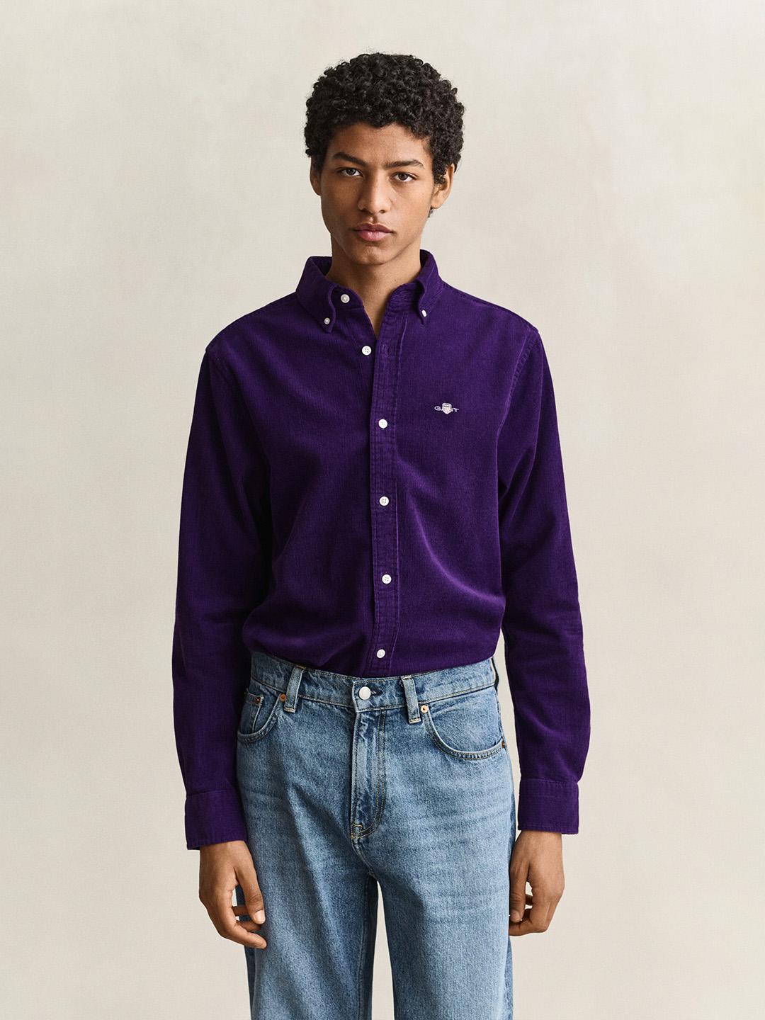 Gant Men Purple Regular Fit Solid Corduroy Shirt