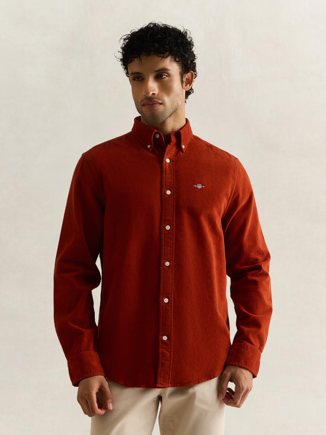 Gant Men Brown Solid Regular Fit Corduroy Shirt