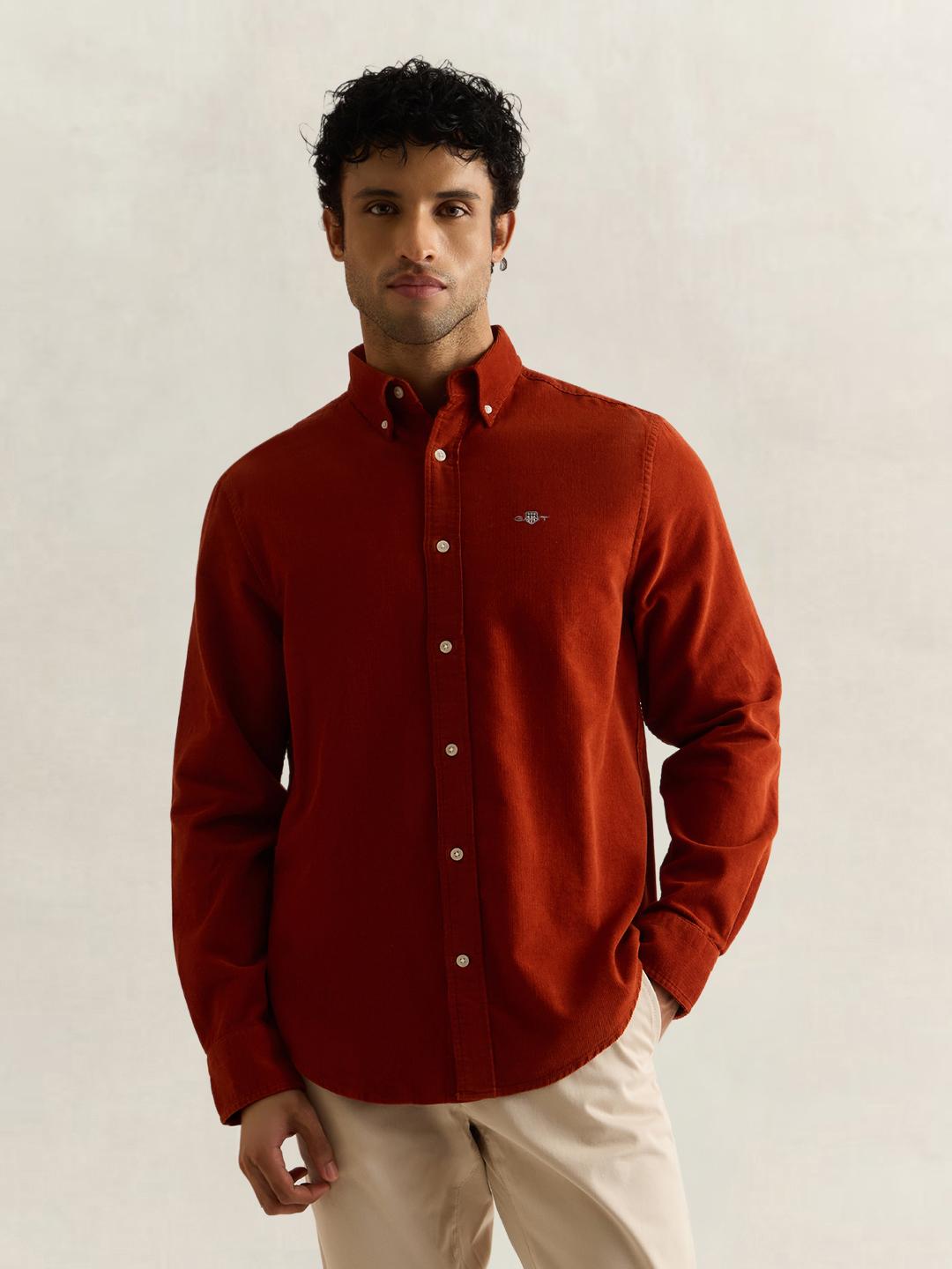 Gant Men Brown Solid Regular Fit Corduroy Shirt