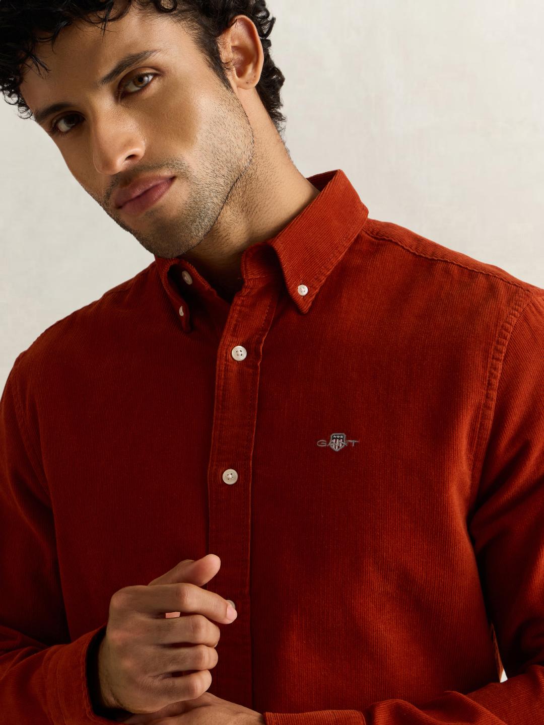Gant Men Brown Solid Regular Fit Corduroy Shirt