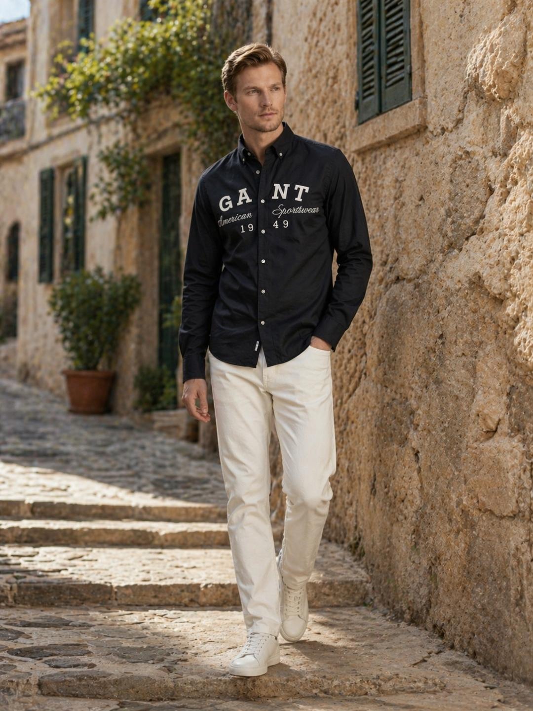 Gant Men Black Printed Regular Fit Cotton Shirt